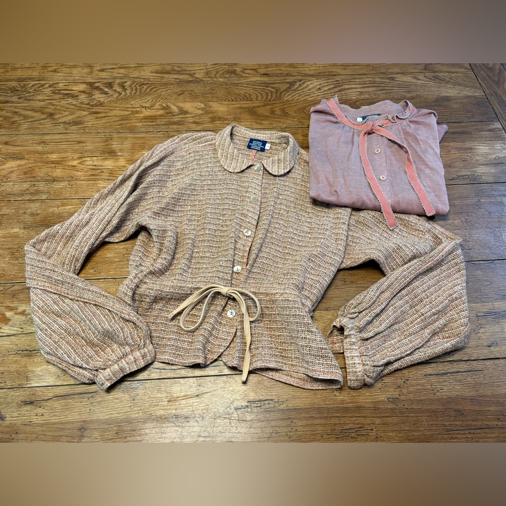 VTG. Prairie Girl Textured Button-Up Cardigan Top Set Pale Terra Cotta & Cream
